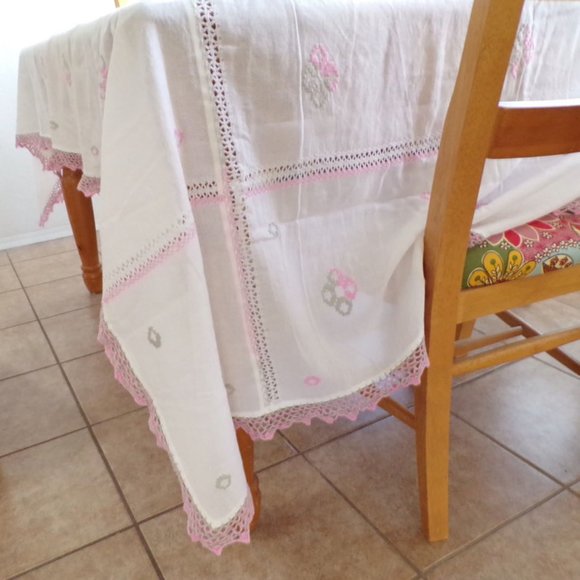 Vintage Handmade Draw Thread Tablecloth Crochet Embroidery 96" x 63"  2891 - Picture 7 of 8